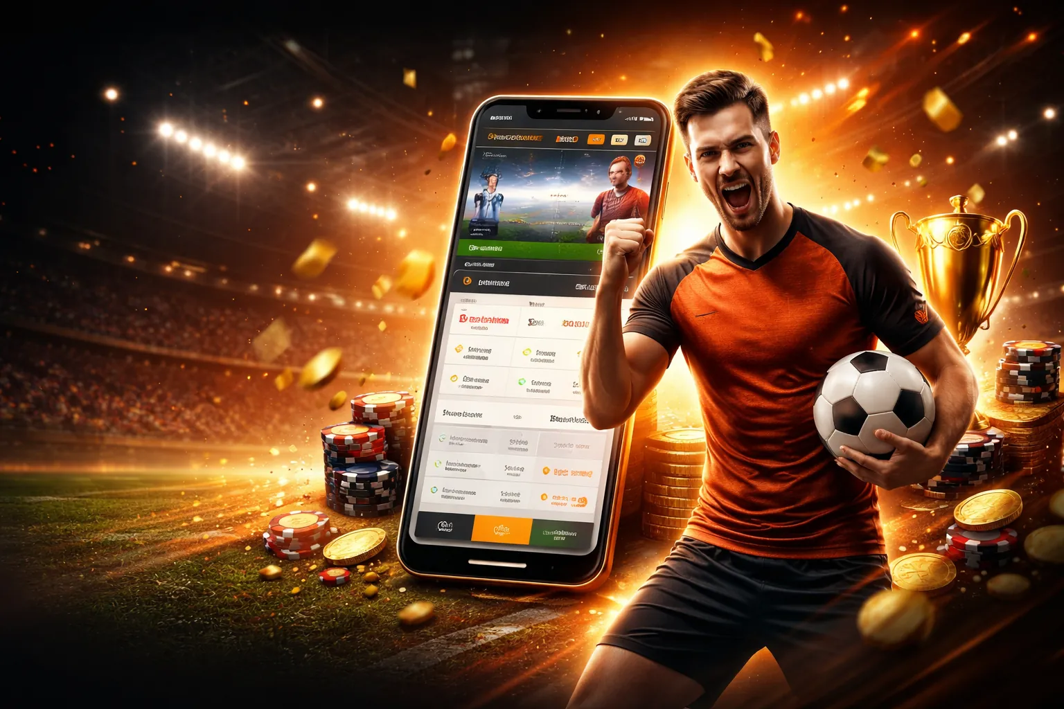 Sân vận động với ánh sáng rực rỡ tượng trưng cho cá cược thể thao sôi động tại Lucky88